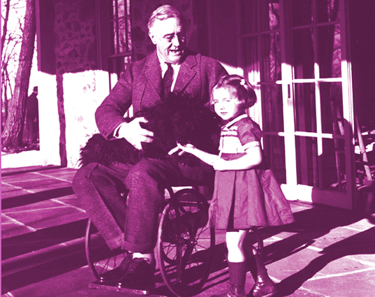 President Franklin Delano Roosevelt, sitting in his wheelchair at the White House, talking to his Grandaughter.