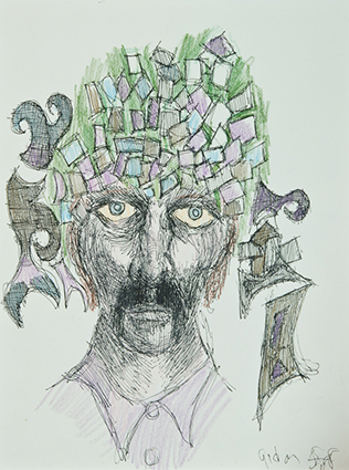 Colored pencil and ink drawing of man’s head, staring straight ahead.