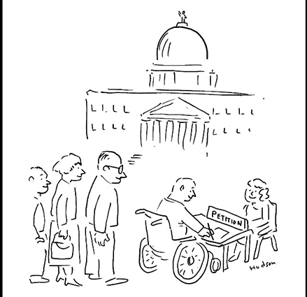 A drawing of 4 people in front of the US Capitol. A main in a wheelchair is signing a petition.