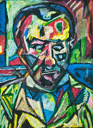 Oil pastel portrait of a man, executed in the style of cubism, in which the surfaces of objects are depicted as geometrical planes.